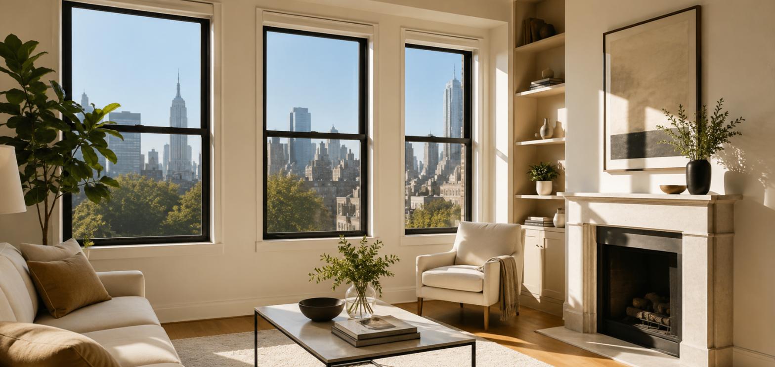 sunlit NYC living room considering home window tinting